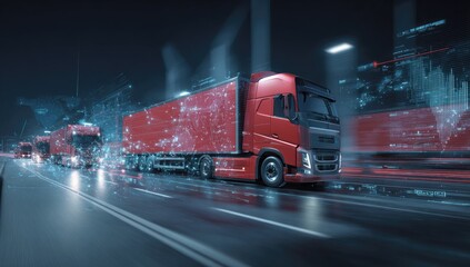 Red trucks on a highway at night with overlaid digital data