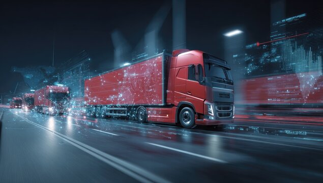 Red trucks on a highway at night with overlaid digital data