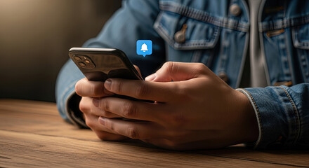 Engaging Mobile Notifications: Close-up of Hands Holding Smartphone with Notification Bell Icon, Perfect for Social Media and App Promotion
