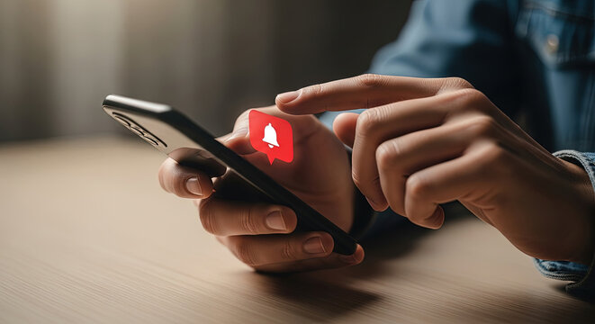 Engaged User Checking Notifications on Smartphone with Notification Bell Icon. Modern Communication and Digital Lifestyle Concept. Mobile App Alert Design.