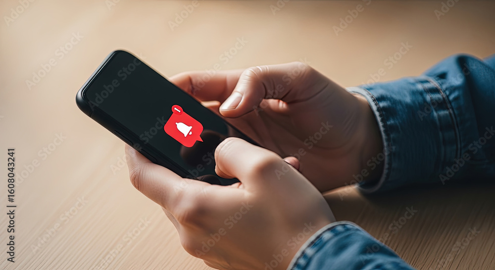 Poster checking notifications on smartphone: close-up of hands holding mobile phone with notification bell 
