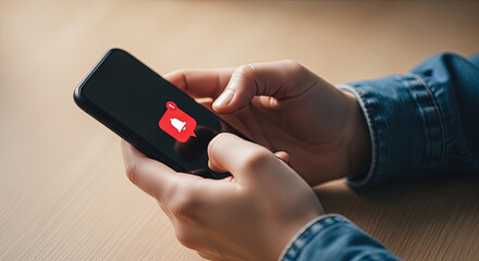Checking Notifications on Smartphone: Close-up of Hands Holding Mobile Phone with Notification Bell Icon. Social Media Engagement and Connectivity Concept.