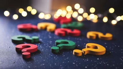 Colorful question marks illuminated, portraying inquiry and uncertainty mood