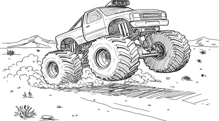 Energetic cartoon monster truck illustration with huge tires in a desert landscape © Vhya