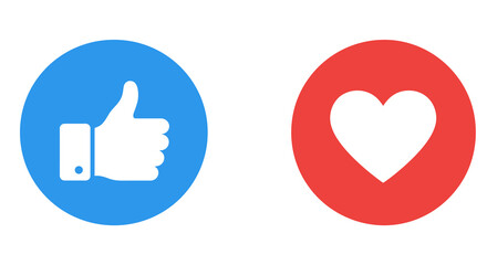 Vibrant blue thumbs-up and red heart icons, flat design for social media reactions