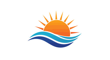Vibrant orange sun with pointed rays rising over two dynamic blue ocean waves, a clean vector graphic