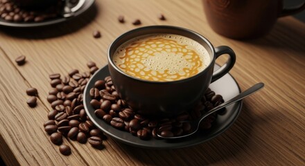 A Rich Cup of Coffee Served With Roasted Beans on a Wooden Table