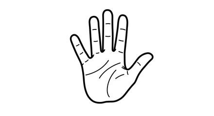 Minimalist black line art of a cartoon hand with an open palm and spread fingers, showing palm lines.