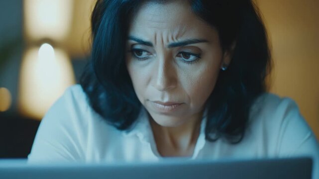 A focused professional woman working on a laptop. Her expression conveys deep concentration, possibly indicating problem-solving or emotional turmoil in her digital communication.