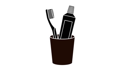 Toothbrush and Toothpaste in Cup, Black Silhouette, Dental Hygiene