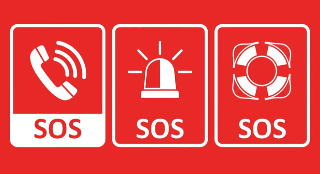 Three white SOS icons: phone, siren, and lifebuoy on red background