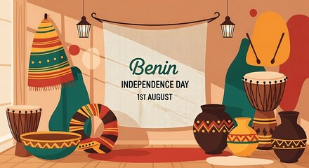 Celebrating Benin Independence Day on the first of August. Graphic illustration of the Beninese national flags on a brightly lit concert stage.
