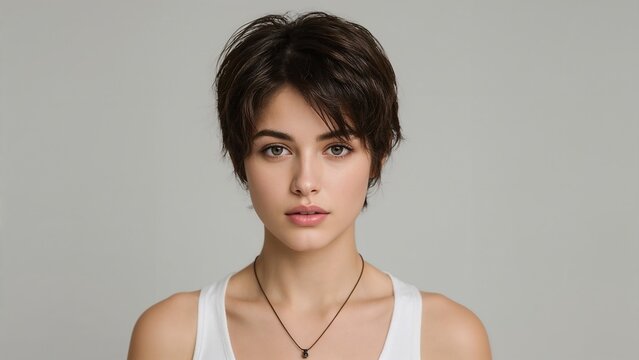 Portrait of a Young Woman with Short Dark Hair and Natural Beauty