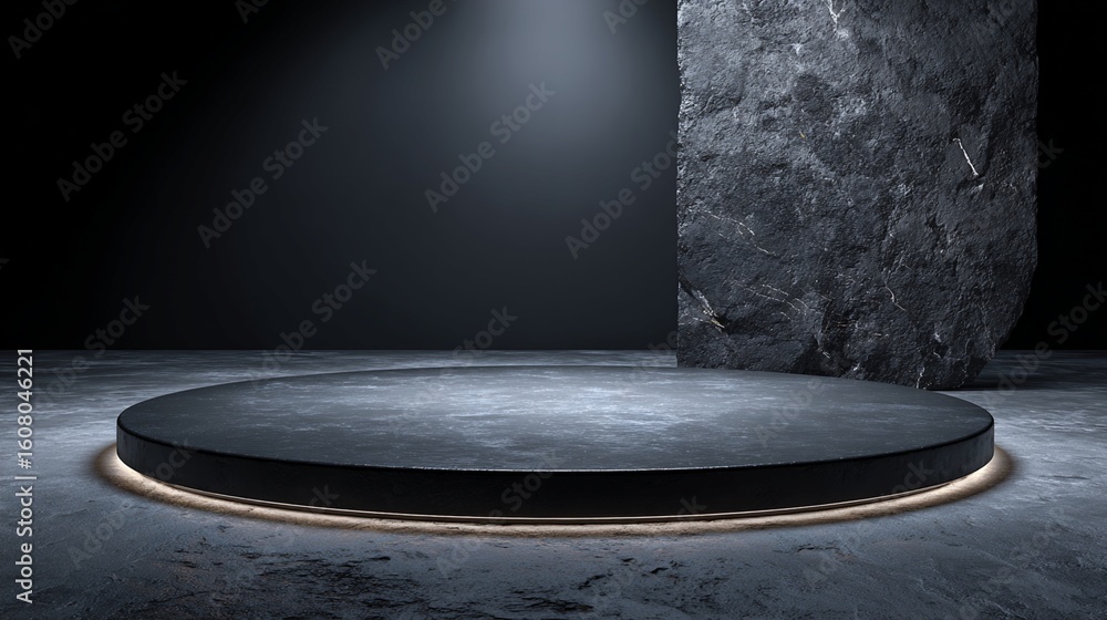 Poster circular platform and stone slab in dark setting
