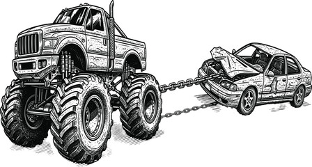Line art illustration depicting a monster truck towing a damaged sedan with chains © Vhya