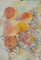 Rose in watercolor style, using warm colors for the background