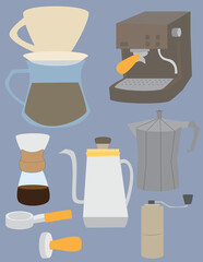 A vector art of a set of equipments for making coffee. 