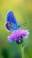 Obraz premium A close up of a blue butterfly with red spots perched on a purple flower in a green background setting