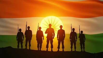 Silhouetted Indian Soldiers Against Tricolor Backdrop – Independence Day Symbolism