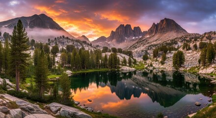 Serene Mountain Lake Reflecting Dramatic Sunset Sky Amidst Rugged Peaks and Pine Forests