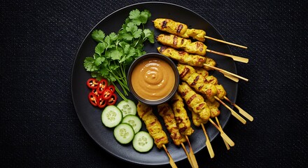 Close-up of succulent grilled chicken satay skewers, perfectly charred and caramelized, on a wooden serving board. The grilled meat is juicy and flavorful, perfect for a summer barbecue or party