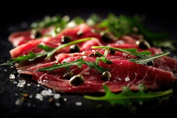 Close-up of thinly sliced beef carpaccio with arugula and capers on a dark stone surface