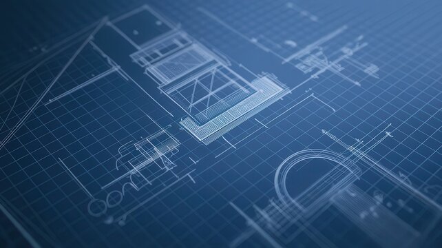 Detailed architectural plan drawing on blue grid paper represents design process