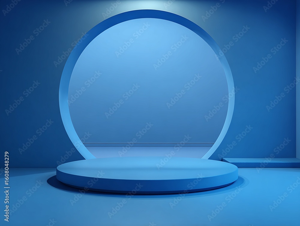 Poster digital rendering of blue room with circular platform and archway