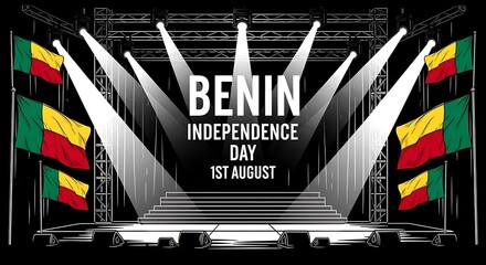 Artistic celebration concept for Benin Independence Day on August 1st, featuring a vibrant watercolor banner in a tropical setting.