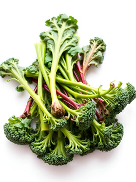Fresh broccoli rabe stems, white background, food photography, healthy eating