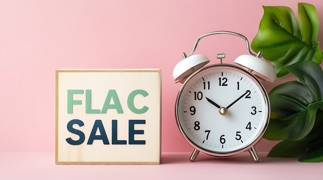 A flac sale sign with a white alarm clock and green leaves against a pink colored background