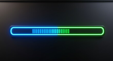 Futuristic neon loading bar with blue and green glowing lights indicating download progress on a dark background. 3D render of a modern user interface element.