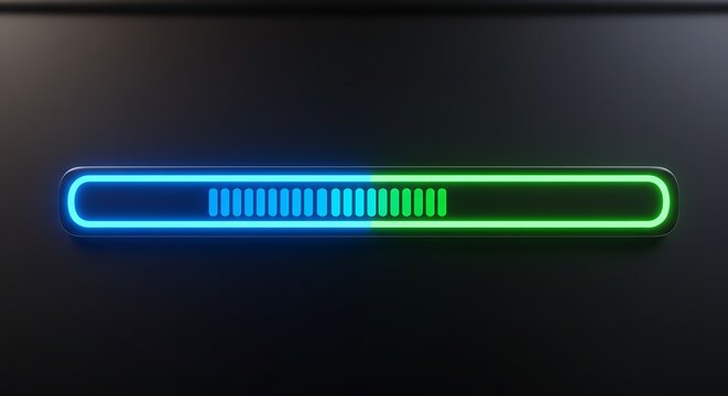 Futuristic neon loading bar with blue and green glowing lights indicating download progress on a dark background. 3D render of a modern user interface element.