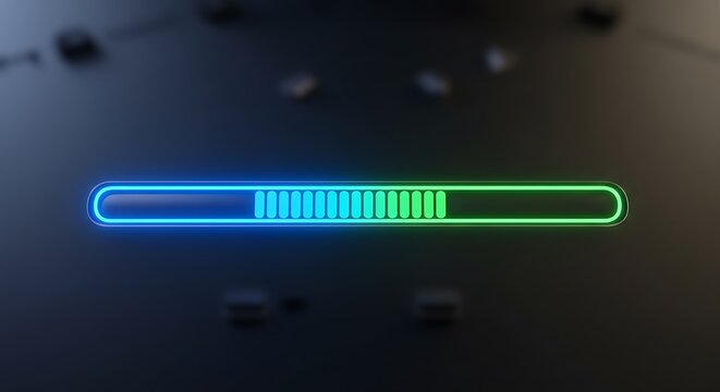 Futuristic digital loading screen with a vibrant blue to green neon progress bar. Technology concept of data transfer or system update.