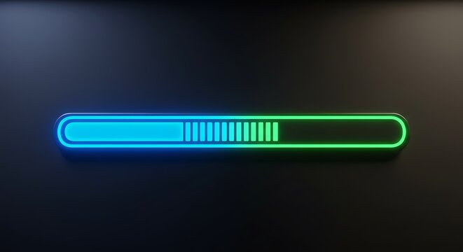 A vibrant blue and green neon progress bar illuminates a dark surface, symbolizing digital loading, downloading, or a system update in a modern technological interface. - Powered by Adobe