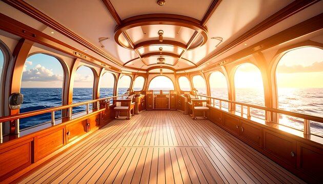 Luxurious yacht interior at sunrise.  Sunlight streams through arched windows onto a wooden deck.  Rich, warm tones