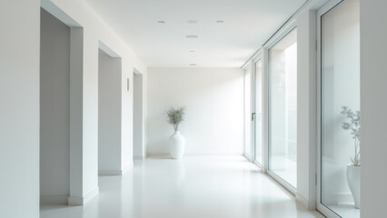 Modern minimalist hallway with white walls and large windows