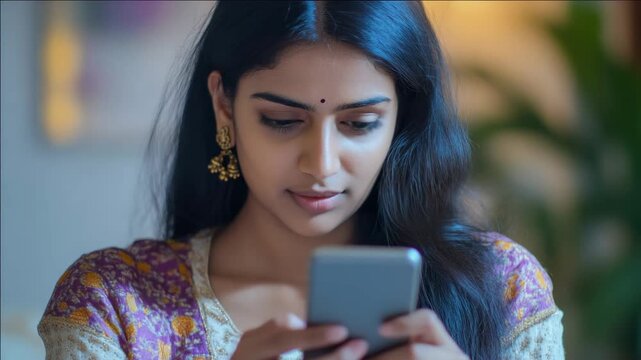 Woman with dark hair looking at a smartphone.