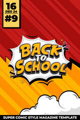 Colorful Comic Style Happy Text Back To School with Vibrant Background and Cloud Details