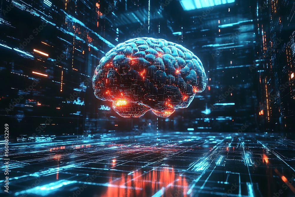 Poster a digital brain floating above a glowing circuit board with abstract data streams in the background