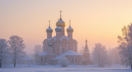 A picturesque winter scene of an Eastern European church