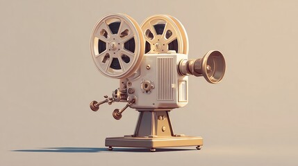 Golden film projector casts shadow in spotlight studio, vintage cinematography artifact.