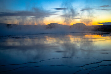 Grand Prismatic Spring at dusk