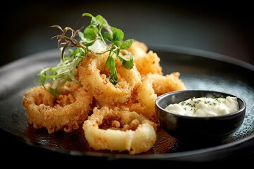 Crispy golden-fried calamari rings served with a creamy dipping sauce, garnished with fresh herbs on a dark slate plate