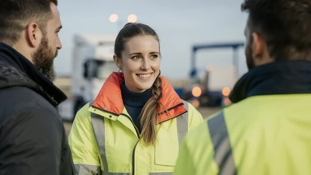 Smiling woman in safety vest conversing with colleagues at industrial site outdoors