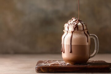 Hot chocolate in jar with cream and drizzled chocolate, on dark wooden board