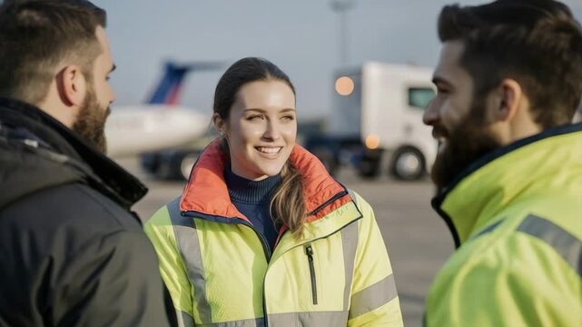 Smiling woman in safety jacket conversing with colleagues at an airport tarmac