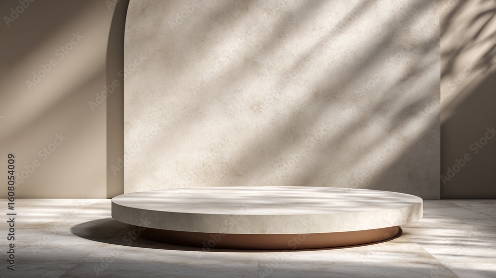 Poster round platform display with textured walls and sunlight shadows