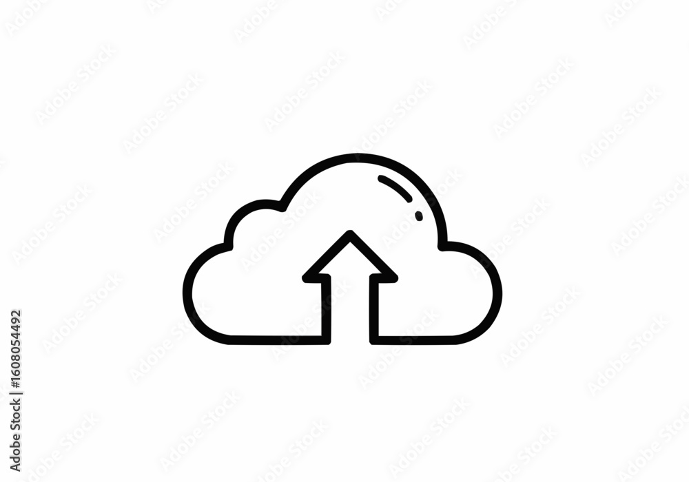 Poster simple cloud with arrow pointing up in black outline on white background depicting data upload icon