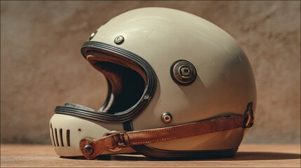 Cream-colored motorcycle helmet with leather strap, on a textured surface